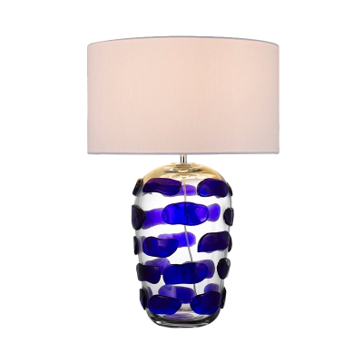 Luxury Cylindrical Fabric Table Lamp 1 Head Night Lighting with Blue/Yellow Glaze Base for Living Room