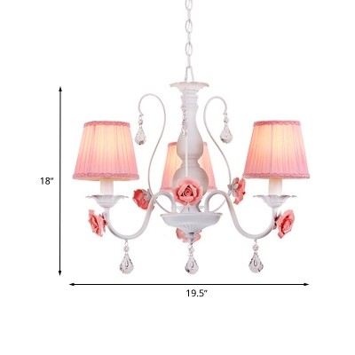 Pink Conical Pendant Light Fixture Korean Flower Fabric 3/6/8-Light Dining Room Chandelier Lamp with Dangling Crysta
