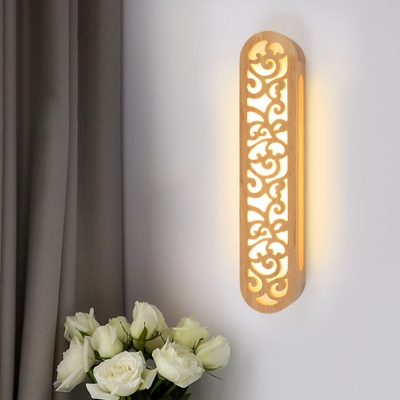 Wood Oval Shade Wall Lighting Ideas Simple Stylish LED Sconce Light Fixture in Beige for Bedroom with Hollow Design