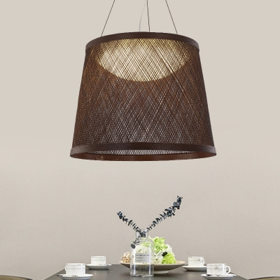 1-Head Kitchne Ceiling Light Modernism Black Finish Pendant Lighting Fixture with Drum Rattan Shade