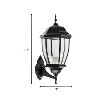 1-Light Sconce Lighting Lodges Outdoor Wall Mount with Urn Clear Glass Shade in Black