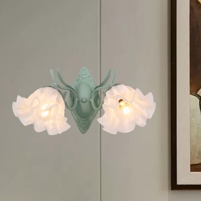 2 Heads Sconce Wall Lighting Korean Garden Hallway Wall Lamp with Scalloped White Glass Shade