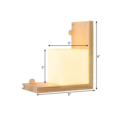 Asia Square White Glass Wall Mount Light Fixture LED Wall Sconce Lighting in Beige with Wood Frame