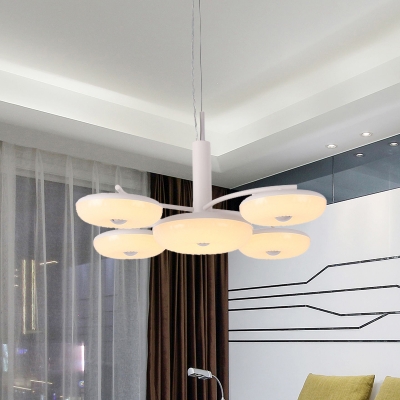 Contemporary Round Pendant Light Fixture Acrylic 5 Heads Dining Room LED Ceiling Chandelier in White