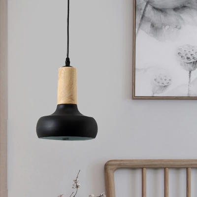 Drum Ceiling Lamp Minimal Metal 1-Head Living Room Pendant Lighting Fixture in Black with Wooden Cap