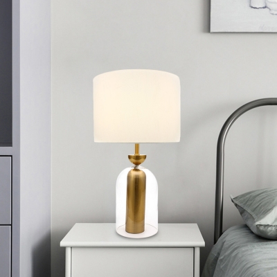 Drum Night Light Modernism Fabric 1-Head Bedroom Table Lighting in White with Clear Glass Base