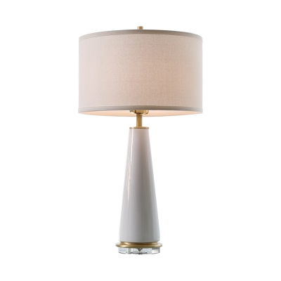 Fabric Drum Shaped Desk Light Modernist 1 Head White Nightstand Lamps with Ceramic Conical Base