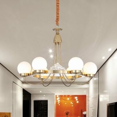 Frosted White Glass Ball Pendant Post Modern 6 Bulbs LED Hanging Chandelier in Gold with Curved Arm