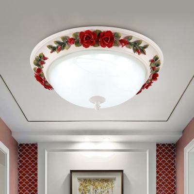 LED White Glass Flush Mount Light Pastoral Red Bowl Living Room Flushmount Ceiling Lamp, 12
