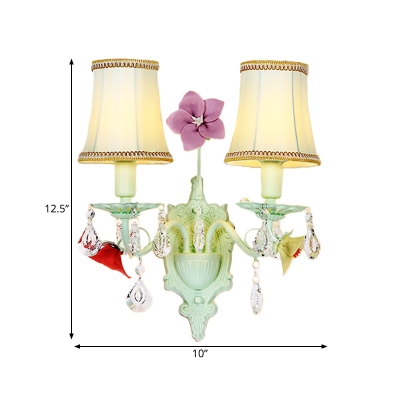Light Blue 2-Bulb Wall Lamp Korean Flower Fabric Bell Sconce Light Fixture with Crystal Accent