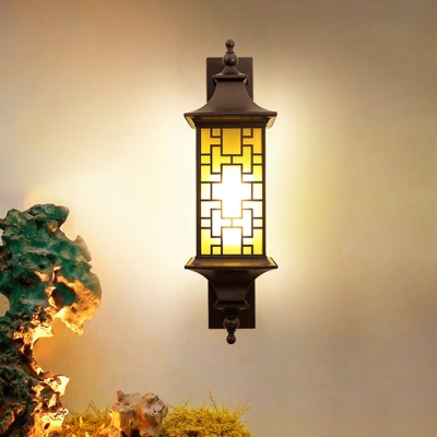 Lodges Cuboid Sconce Lighting 1 Head Amber Glass Wall Mounted Lamp Fixture in Brown