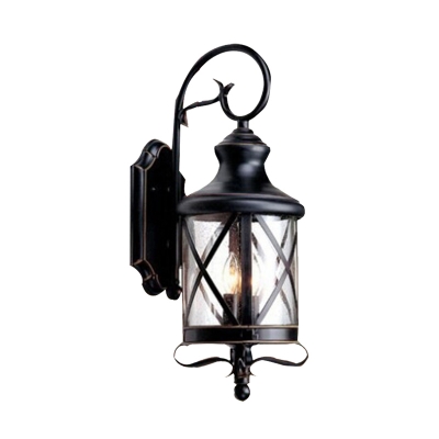 Lodges Lantern Sconce Light Fixture 1-Light Clear Seeded Glass Wall Mount Lamp in Black