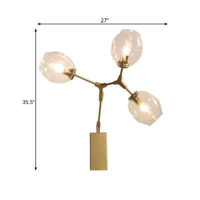 Minimal 3-Head Metal Wall Lighting Fixture Gold Finish Ball Sconce Light with Frosted Glass Shade