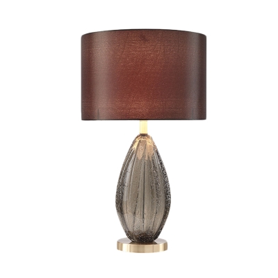 Minimalist Barrel Fabric Night Lamp 1 Bulb Table Light in Brown with Teardrop Crystal Base