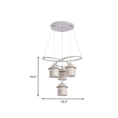Modern House Shaped Hanging Chandelier Aluminum 4 Heads Restaurant Suspended Lighting Fixture with Twisting Design in White