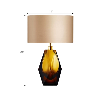 Postmodern Hexagon Night Table Lighting Amber Glaze 1 Bulb Bedroom Nightstand Lamp with Drum Fabric Shade