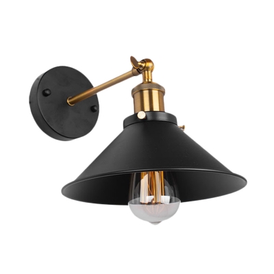 1-Head Wall Light Sconce Industrial Balcony Wall Mounted Lamp with Cone Iron Shade in Black