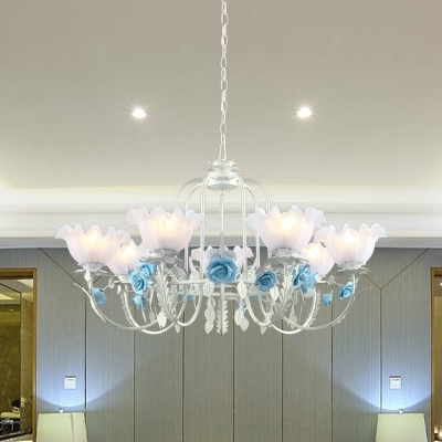 7-Bulb Ceiling Light Korean Flower Scalloped White Glass Chandelier Lighting Fixture for Restaurant