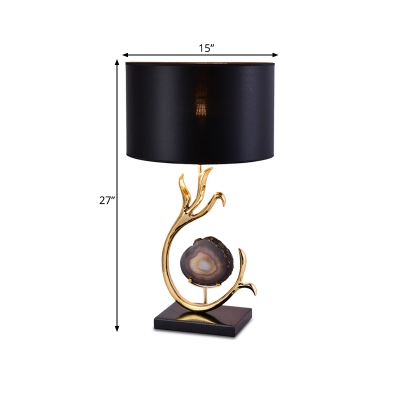 Black Drum Nightstand Lighting Minimalist 1 Bulb Fabric Night Table Lamp with Agate Decor and Metal Curved Arm