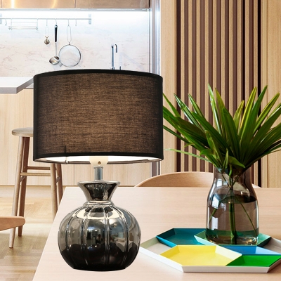 Black Drum Shaped Desk Light Minimalist 1 Bulb Fabric Nightstand Lamps with Metal Wine Pot Base