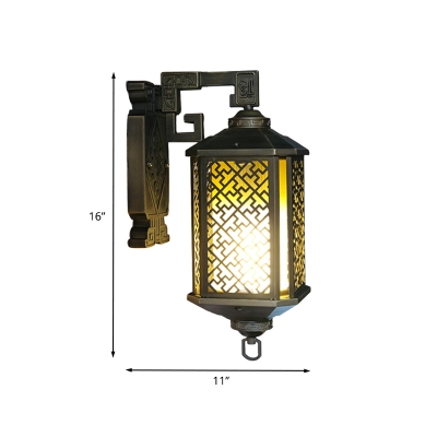 Country Cylindrical Sconce Light Fixture 1-Light Tan Prismatic Glass Wall Lamp in Black with Hollow-Out Cuboid Frame