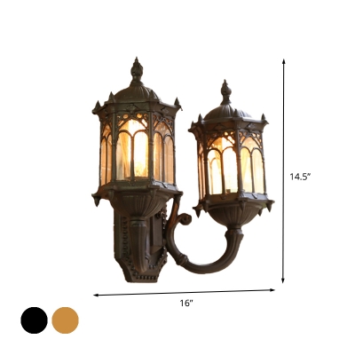 Country Lantern Wall Sconce 2 Lights Metal Wall Mount Lamp Fixture in Black/Brass for Outdoor