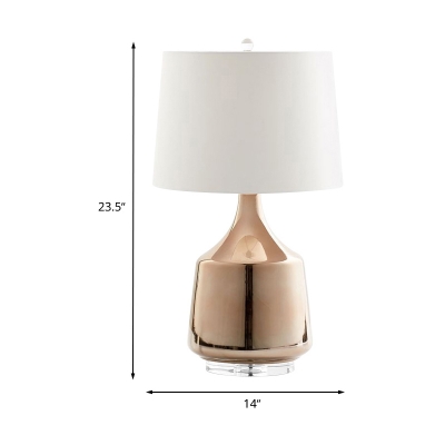 Drum Fabric Desk Light Minimalism 1 Bulb White Nightstand Lighting with Ceramic Base for Bedroom
