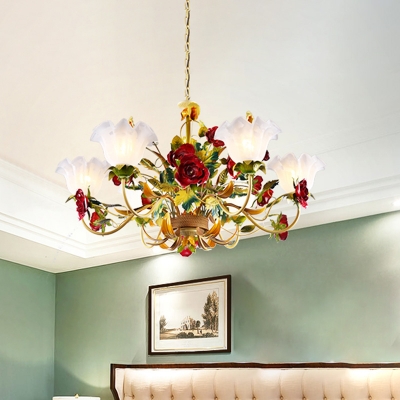Light Tan 6/8-Bulb Hanging Chandelier Korean Flower Metal Curved Arm Pendant with Scalloped White Glass Shade