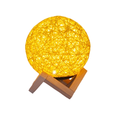 Rattan Global Table Lamps Minimalist Yellow LED Night Light with Wooden Geometric Support for Living Room
