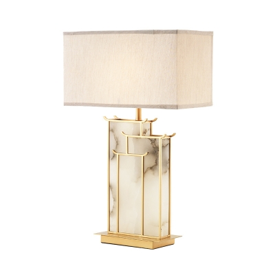Rectangle Desk Light Modernist Fabric 1 Light White Night Table Lamp with Golden Frame and Marble Panel Deco