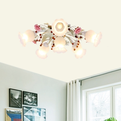Sputnik Bedroom Semi Flush Light Fixture Korean Flower Milky Glass 4/6/9 Lights Green Flush Mount Lighting