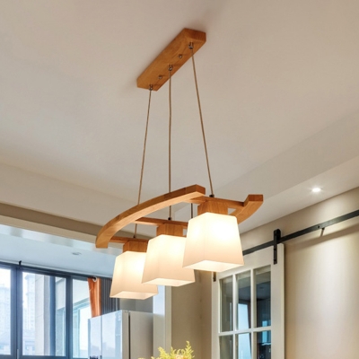 Trapezoid White Glass Multi Light Pendant Modernist 3-Head Wood Ceiling Suspension Lamp