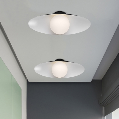 White/Black Global Flush Light Contemporary 1 Bulb Opal Glass Ceiling Flush Mount for Hallway with Saucer Design