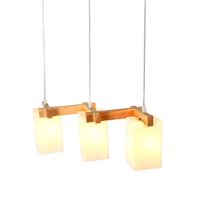 White Glass Cuboid Cluster Pendant Light Minimalist 3 Lights Wood Hanging Ceiling Lamp