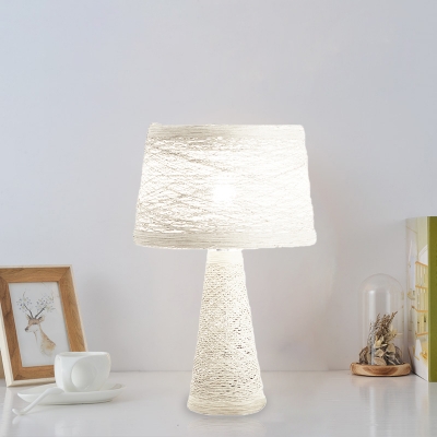 White/Tan Finish Barrel Reading Lamp Asian 1-Head Rattan Night Table Lighting for Study Room