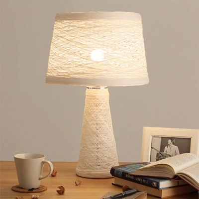 White/Tan Finish Barrel Reading Lamp Asian 1-Head Rattan Night Table Lighting for Study Room