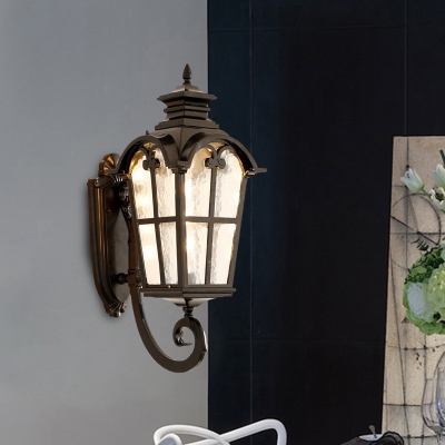 1 Light Metallic Wall Sconce Rustic Black/Brass Lantern Outdoor Corner Wall Lamp with Water Glass Shade