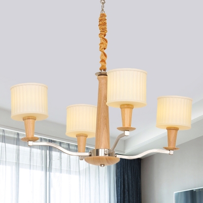 4 Bulbs Dining Room Chandelier Lamp Modern Beige Wood Pendant Light with Cylinder Cream Glass Shade