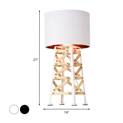 Black/White Drum Night Lamp Simplicity 1 Head Fabric Nightstand Lighting with Wood Detail for Living Room