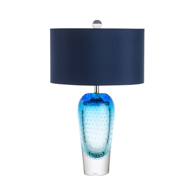 Blue Cylinder Nightstand Lighting Luxury 1 Bulb Fabric Table Lamp with Vase Bubble Glaze Base
