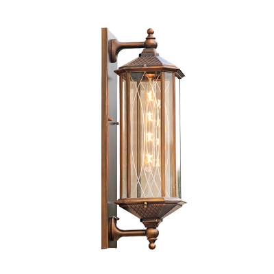 Brass 1-Bulb Wall Mount Fixture Rustic Clear Glass Lantern Sconce Lighting for Corridor