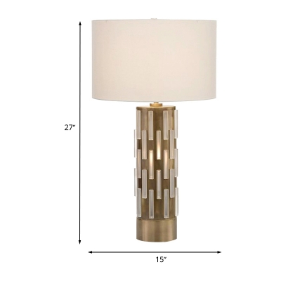 Fabric Drum Desk Light Minimalism 1-Bulb White Nightstand Lamp with Crystal Accent for Bedroom