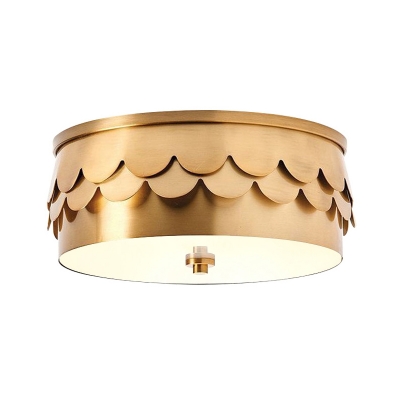 Gold Drum Flush Mount Lighting Contemporary LED Iron Close to Ceiling Lamp with Scalloped Detail for Bedroom