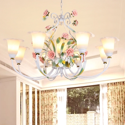 Pastoral Flower Chandelier Lighting Fixture 4/7/9 Bulbs White Glass Suspension Lamp with Metal Swooping Arm