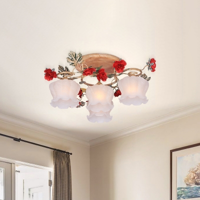 White Glass Coffee Semi Flush Floral 4/6 Bulbs Pastoral Style Flush Mount Light Fixture for Dining Room
