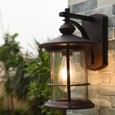 1-Light Clear Seeded Glass Wall Light Country Black/Coffee Finish Cylinder Outdoor Wall Mount Sconce