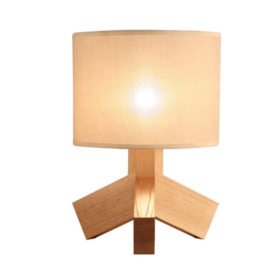 Barrel Bedroom Night Table Lamp Fabric 1-Bulb Contemporary Nightstand Light in Beige with Wood Base