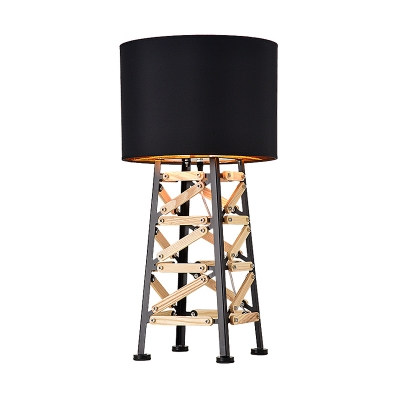 Black/White Drum Night Lamp Simplicity 1 Head Fabric Nightstand Lighting with Wood Detail for Living Room