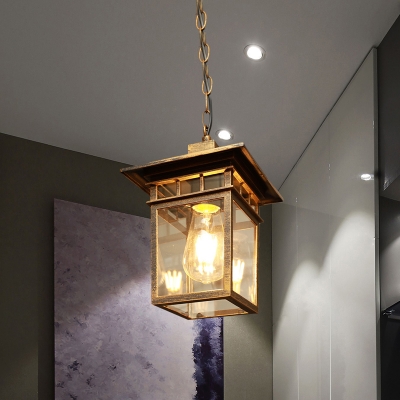 Clear Glass Lantern Hanging Light Countryside 1 Bulb Balcony Ceiling Pendant Lamp in Brass/Black