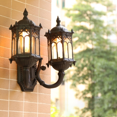 Country Lantern Wall Sconce 2 Lights Metal Wall Mount Lamp Fixture in Black/Brass for Outdoor
